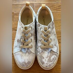 Spenco Malibu 21 Orthotic Gored Lace Slip-On Sneaker Grey Beige Tie-Dye, EUC
